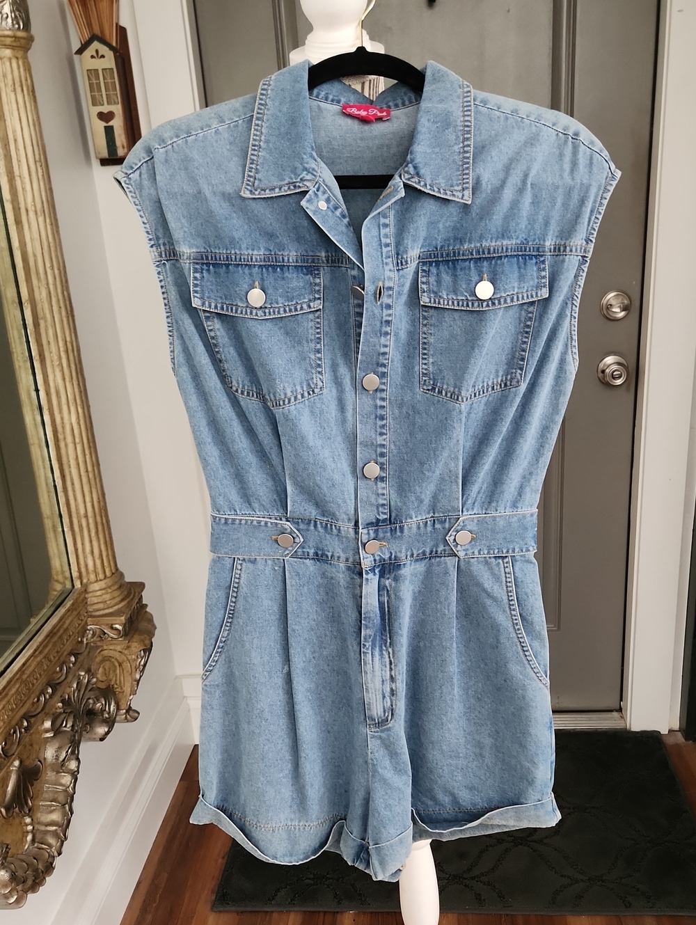 Baby Pink Light Wash Distressed Denim Romper with Button Front